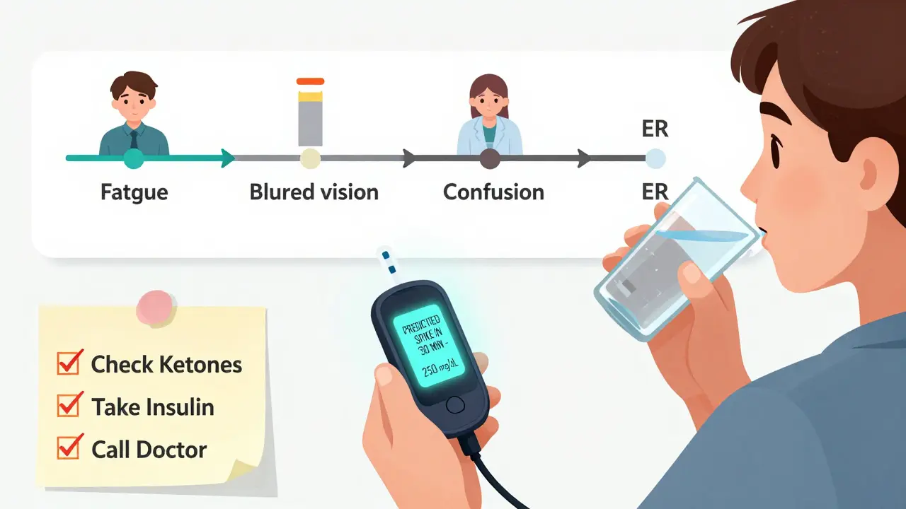 Person using a continuous glucose monitor with alert and taking action to prevent hyperglycemic emergency.