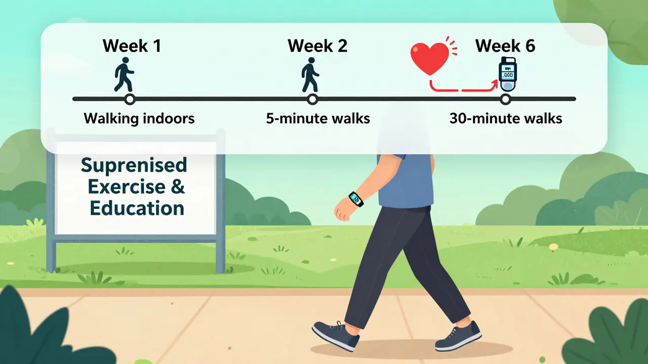 Person walking outdoors with pedometer, showing gradual progress in cardiac recovery activity.