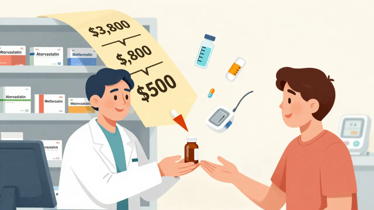 Pharmacist giving a generic pill bottle to a patient with dramatic price drop in background.