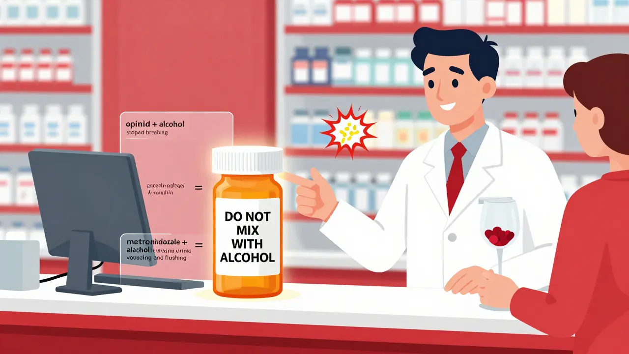 Pharmacist warning patient about alcohol-medication dangers with visual overlays of deadly interactions.