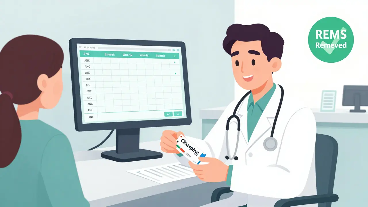 Psychiatrist giving clozapine prescription with ANC monitoring chart visible on screen.