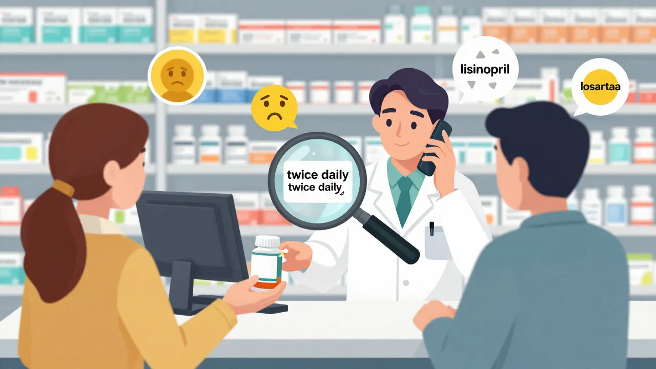 Retail pharmacy scene with pharmacist overwhelmed and a label error highlighted between similar drug names.