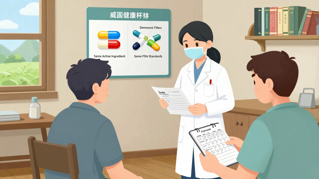 Rural patient receiving a printed guide on generic medications from a nurse, with visual comparison of brand and generic pills.