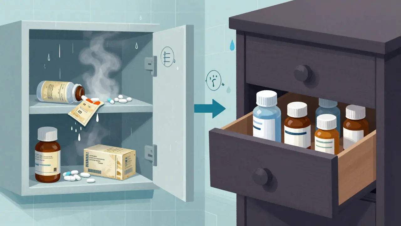 Side-by-side comparison: degraded pills in humid bathroom vs. preserved pills in dry drawer.