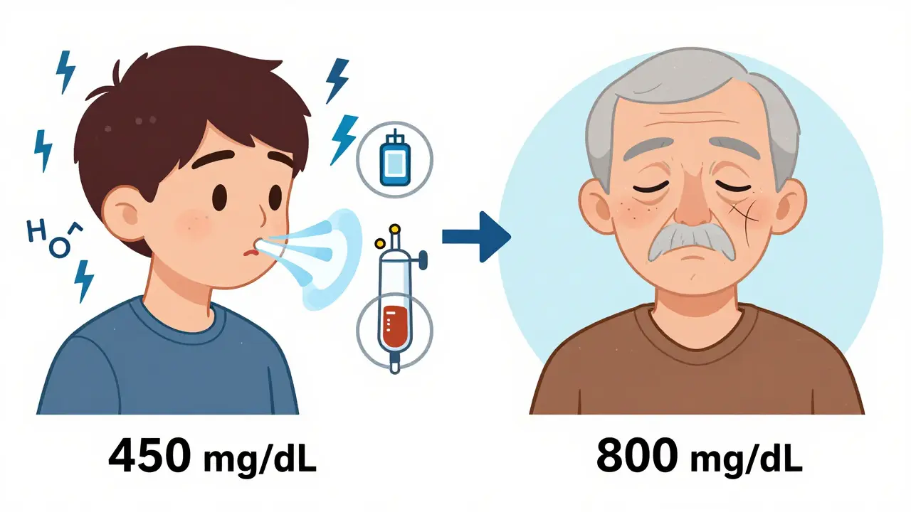 Side-by-side comparison of DKA and HHS symptoms with blood glucose levels and key physiological differences.