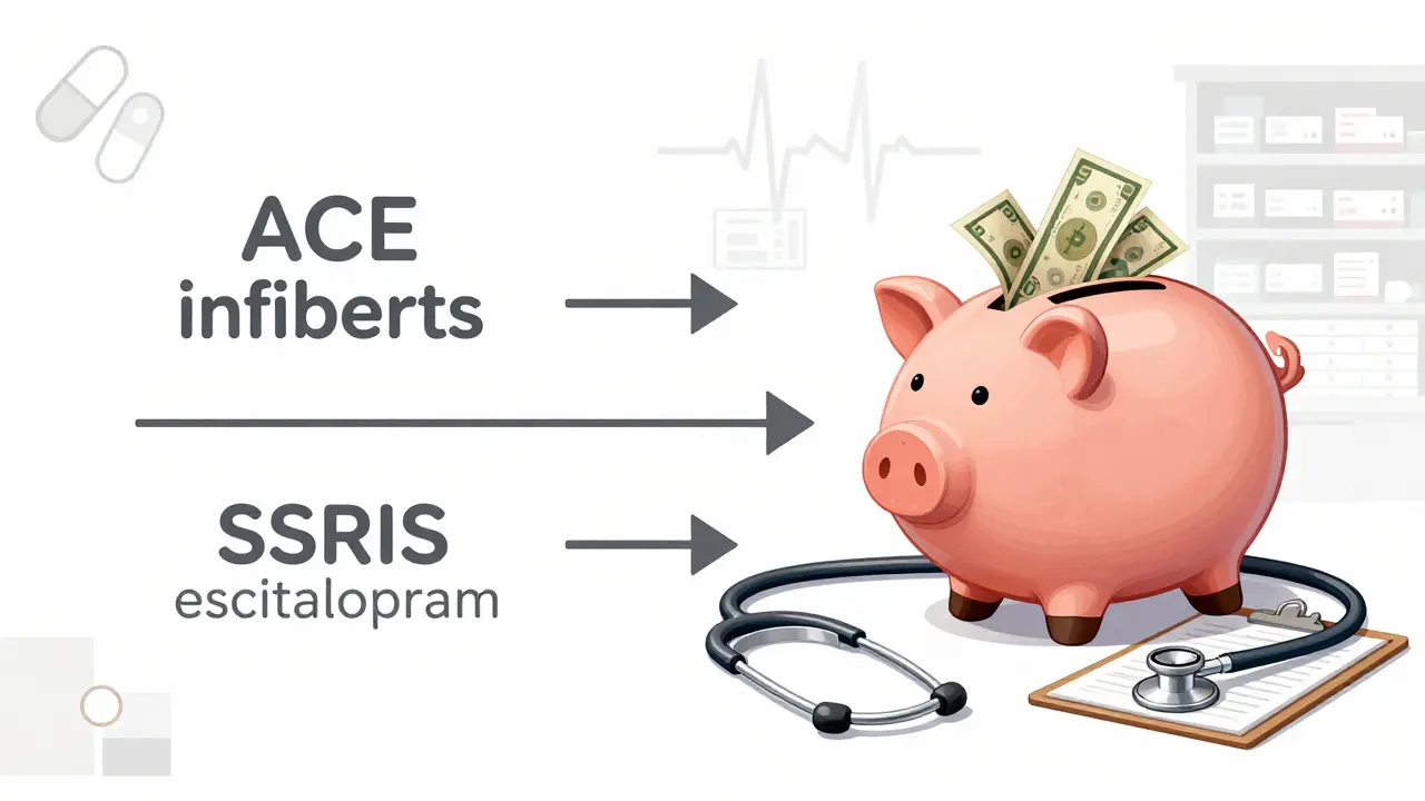 Side-by-side comparison of drug classes with piggy bank showing savings from therapeutic interchange.