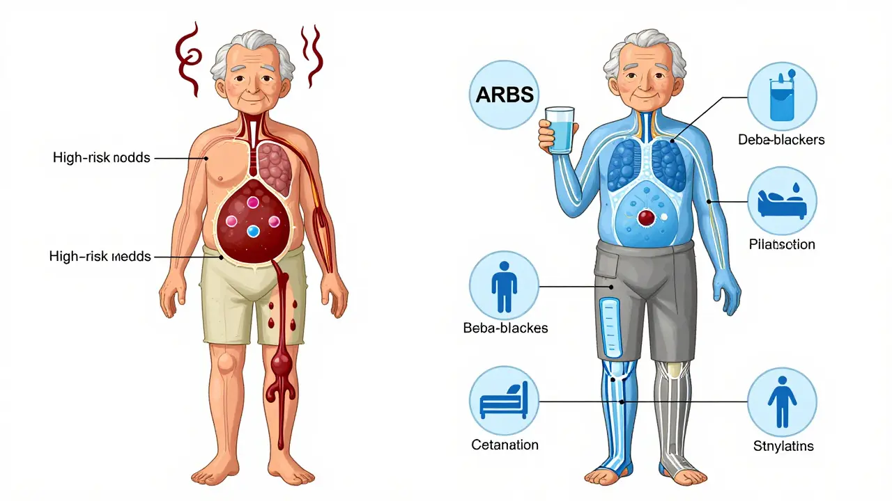 Side-by-side comparison of elderly patients: one with dizziness from risky meds, another with improved circulation using safe meds and compression socks.