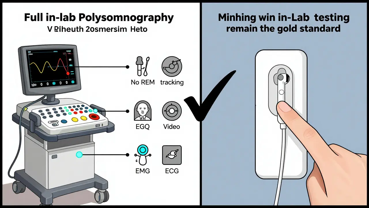 Side-by-side comparison of full polysomnography setup versus basic home sleep test with labeled differences.