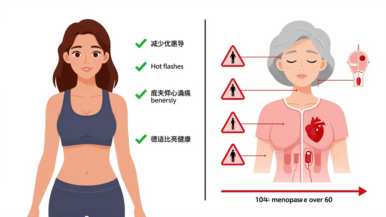 Side-by-side comparison of hormone therapy benefits for younger women versus risks for older women with timeline indicator.