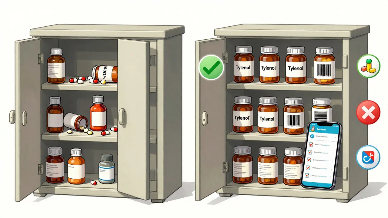 Side-by-side comparison of messy vs. organized medicine cabinet with safety labels and checklists.
