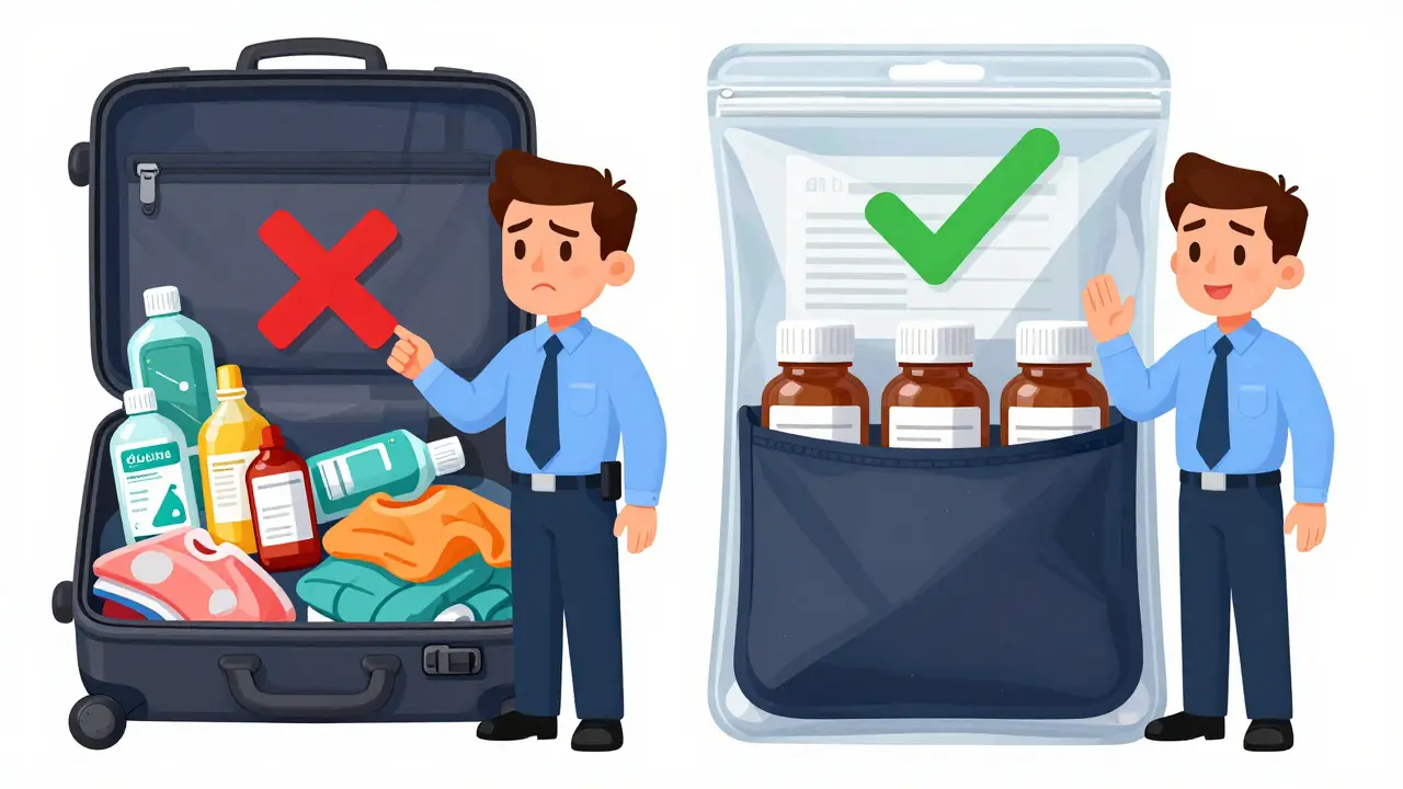 Side-by-side: messy luggage with medication delays vs. organized med bag with quick clearance at security.