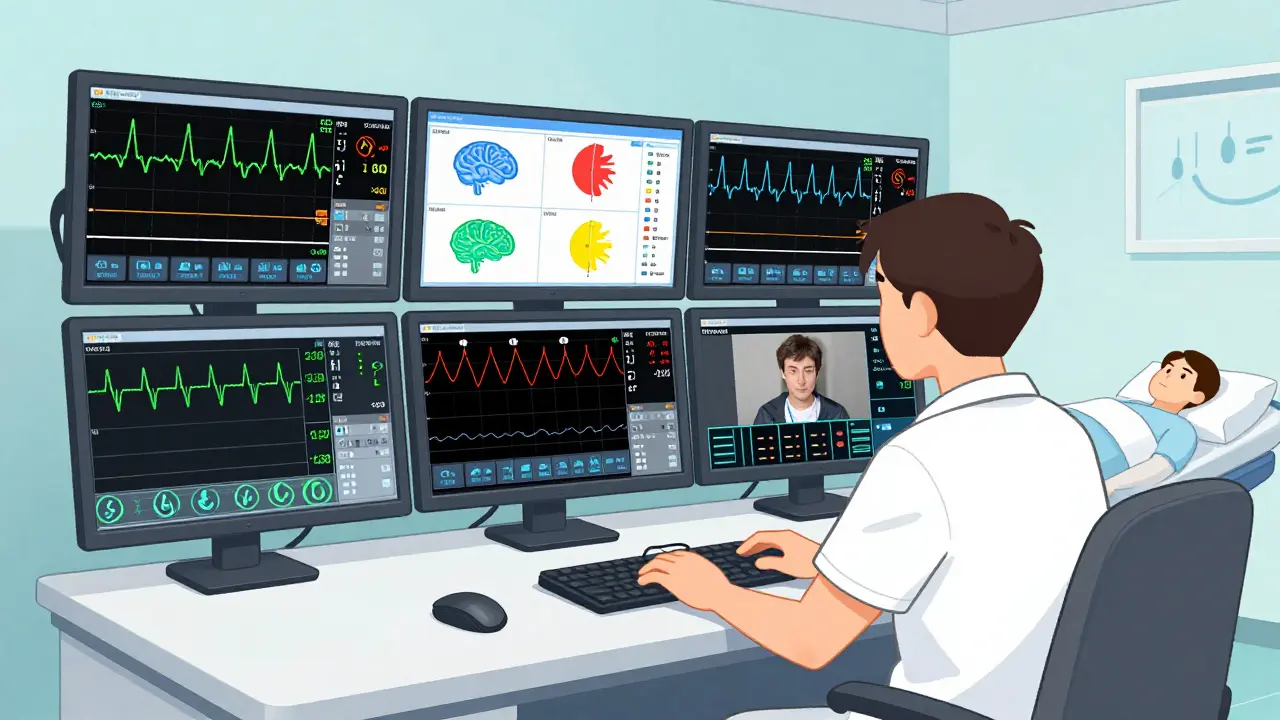 Sleep technologist monitoring multiple screens displaying real-time sleep study data in a control room.