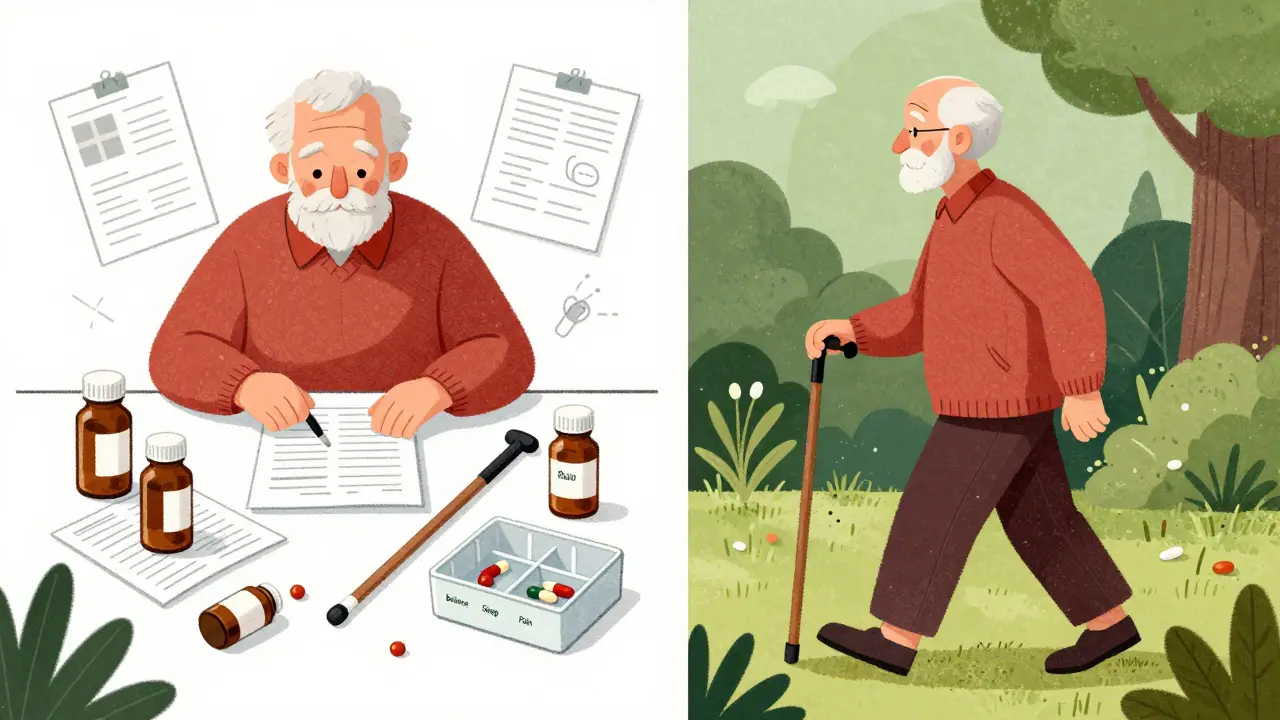 Split image showing medication clutter versus a person walking freely in a garden after reducing pills.