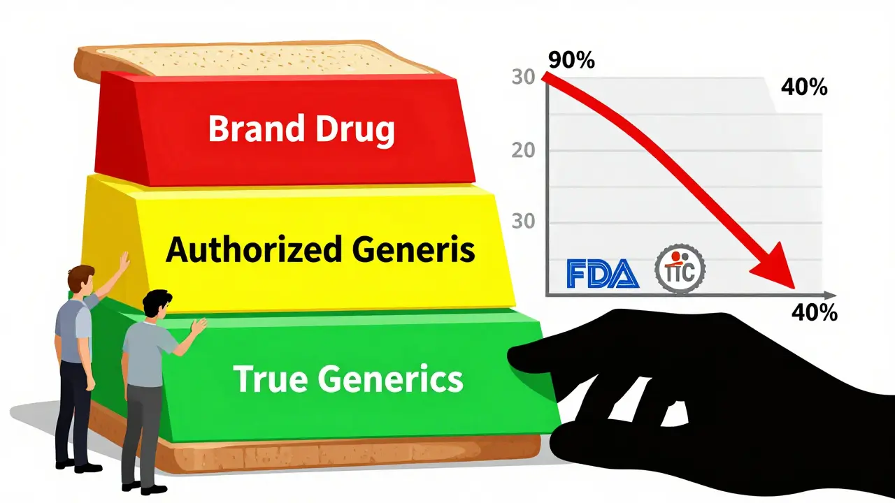 Three-tier drug price sandwich with patients misled by authorized generic, true generic pulled away.
