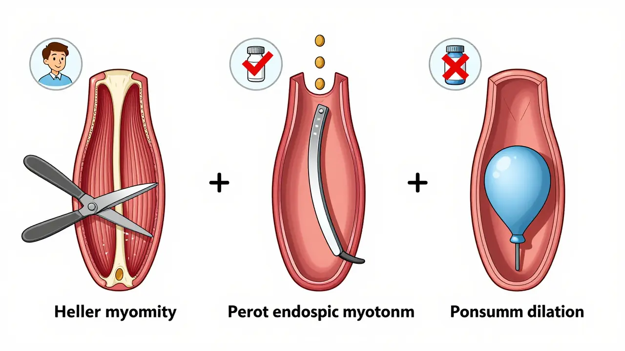 Three treatment methods for achalasia: surgical cut, endoscopic cut, and balloon dilation.
