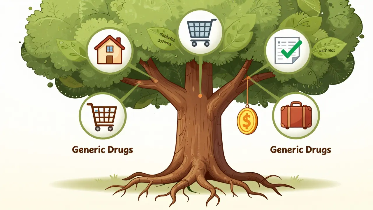 Tree with generic drug roots supporting life icons like home, food, and health, symbolizing long-term savings and well-being.
