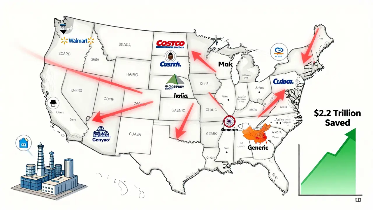 U.S. map showing savings from generics, with pharmacy logos and rising cost-saving graph.