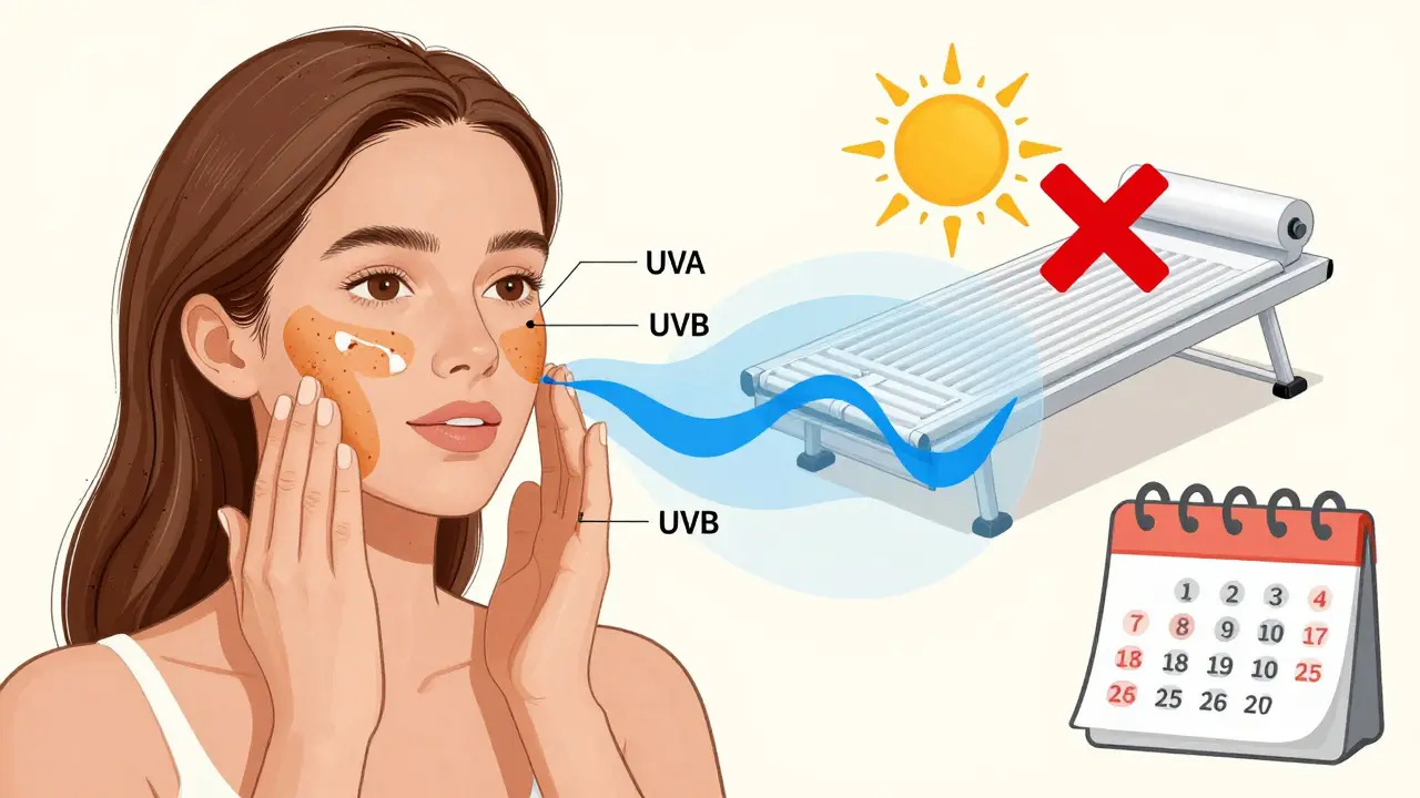Woman applying tinted sunscreen with UV and blue light protection on face, neck, and hands.
