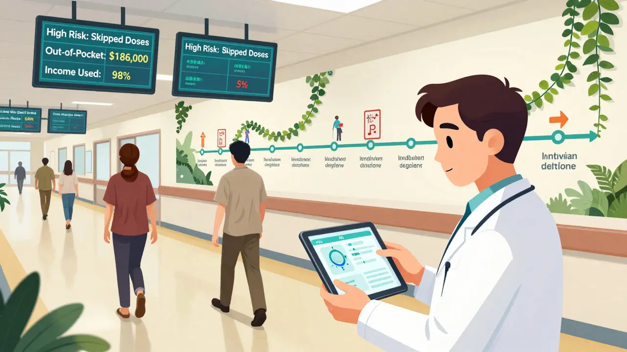 A hospital hallway with digital screens displaying financial toxicity alerts, and a doctor using AI to assess patient risk.