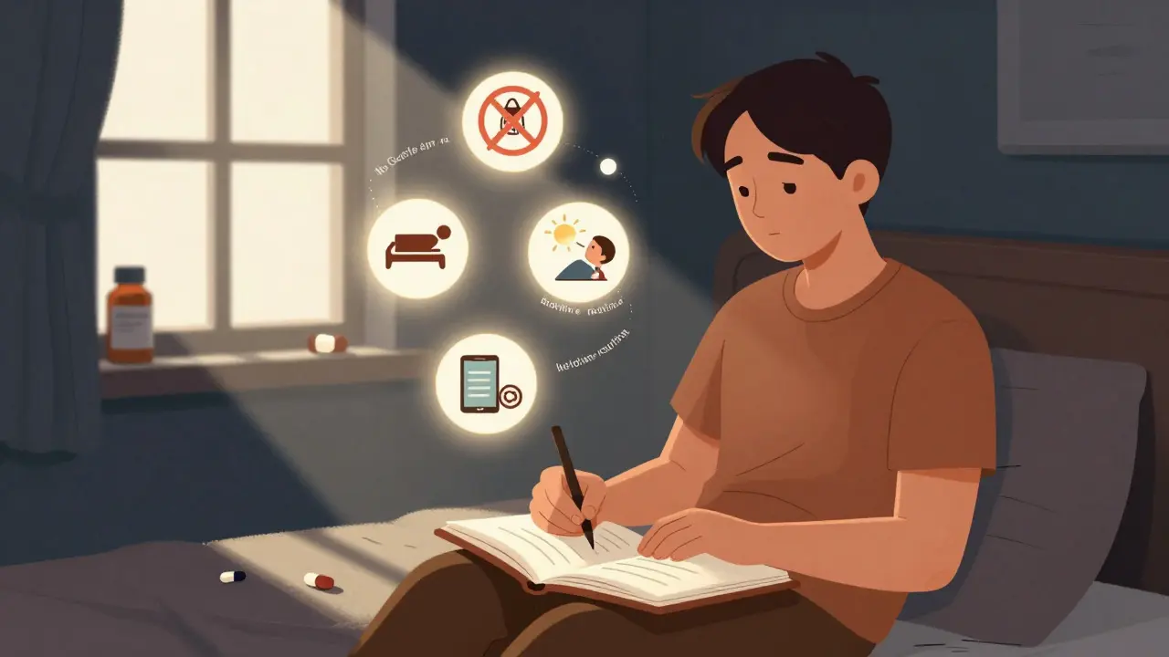 A person practicing healthy sleep habits in a dark bedroom with sunlight coming in, pill bottles fading away.