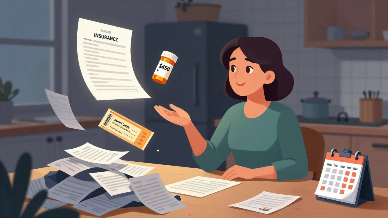A woman at her kitchen table overwhelmed by medical bills, prescriptions, and family expenses, with a financial navigator offering help.