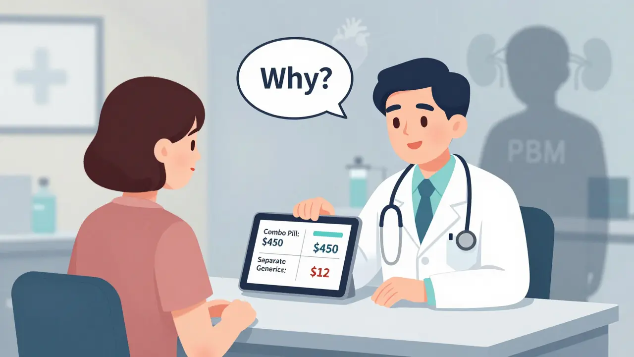 Doctor and patient comparing combo and generic drug prices on a tablet at a clinic.