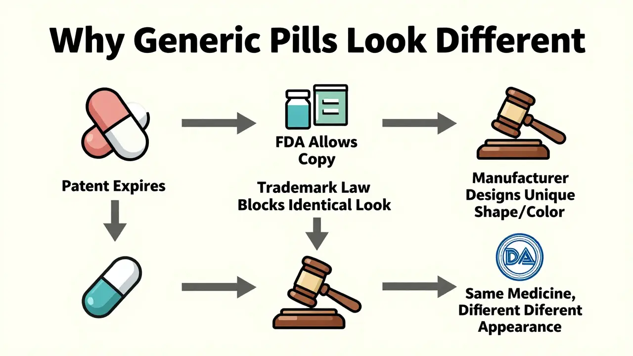 Flowchart explaining how trademark laws require generic drugs to look different from brand-name versions while maintaining the same medicine.