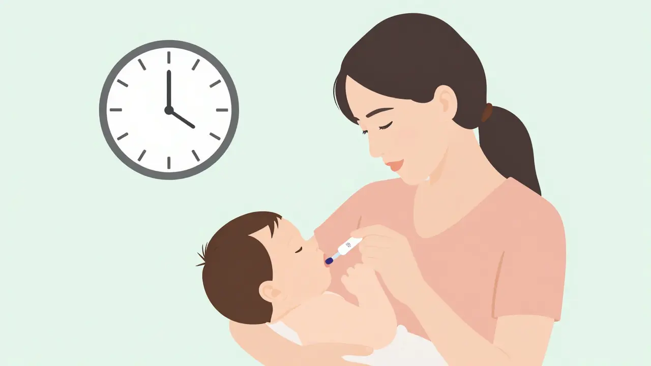 Mother taking medication post-breastfeeding with timing clock.