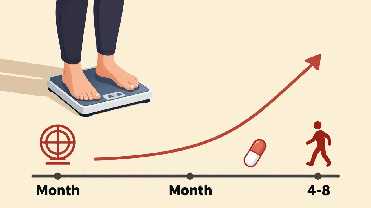 Patient tracking weight over time with lifestyle interventions overlaid on a timeline.