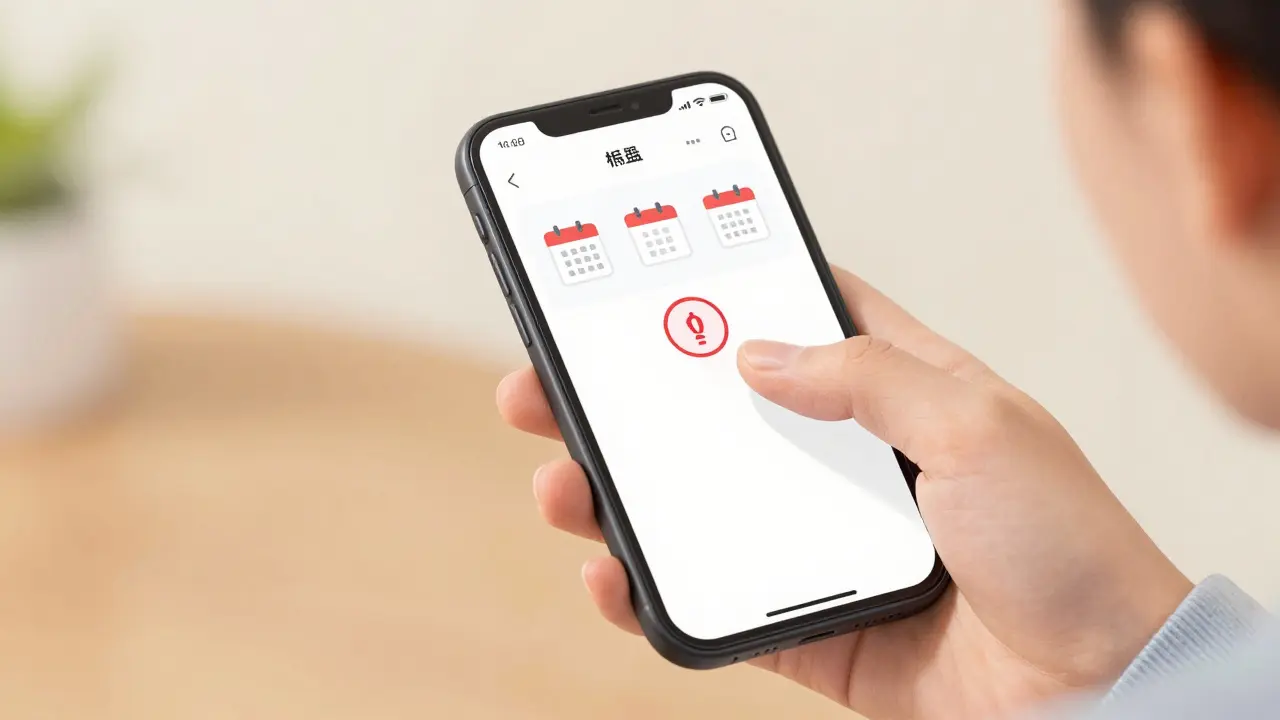 Person setting medication reminders on smartphone with calendar icons.