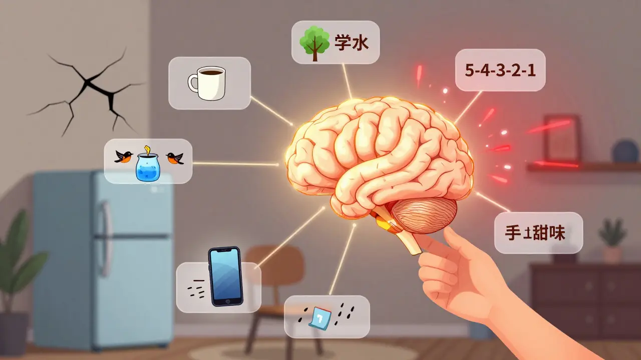 Person using 5-4-3-2-1 grounding technique with floating labels for senses and brain activity visualization.