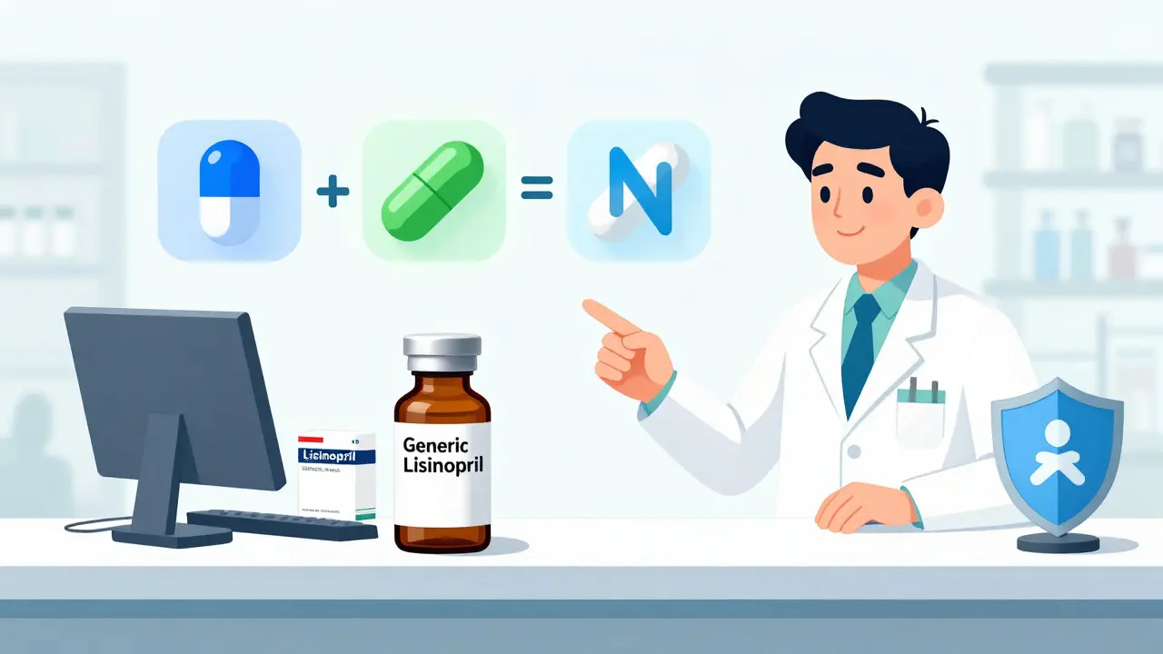 Pharmacist explaining pill appearance changes to a patient, with floating icons showing color and shape variations over time.
