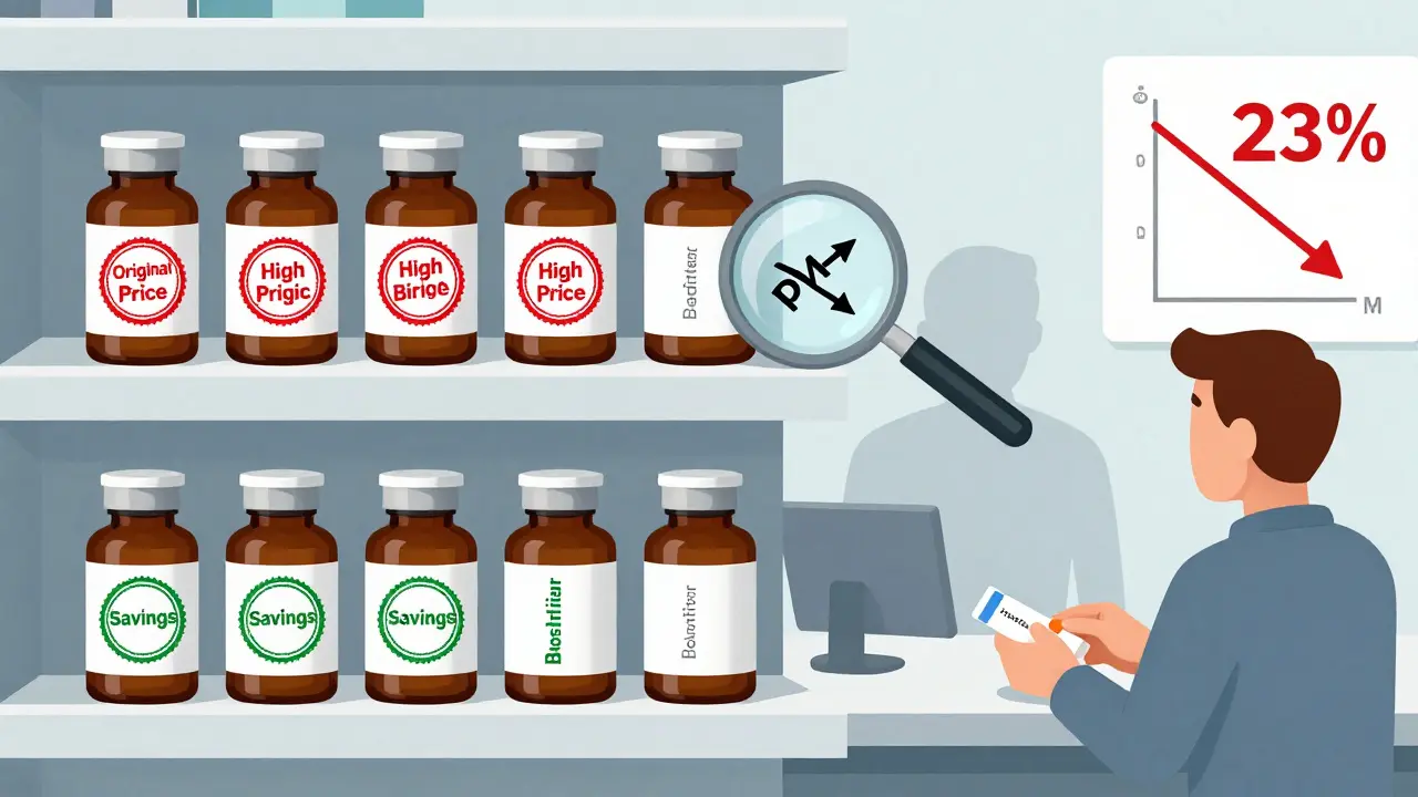 Pharmacy shelf showing original biologic and biosimilar drugs, with hidden rebate arrows pointing to a PBM figure and a patient receiving lower-cost medication.