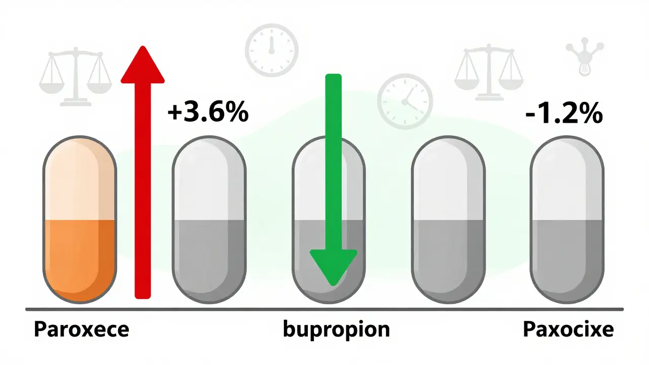 Side-by-side comparison of antidepressants with weight change arrows and pill icons.