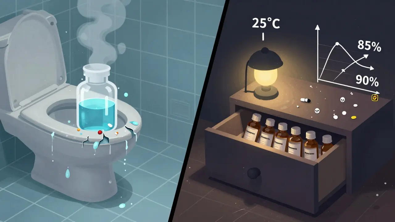 Side-by-side comparison of proper vs. improper medicine storage environments with temperature and humidity indicators.
