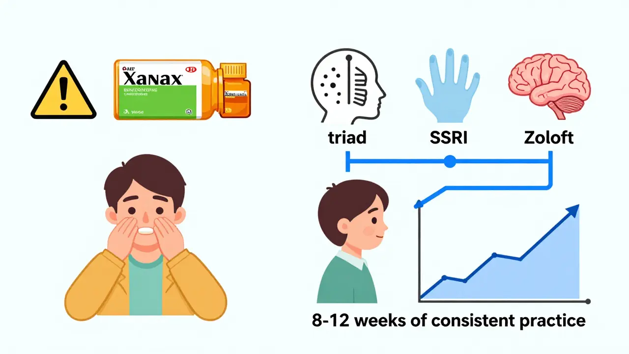 Side-by-side comparison of risky medication-only use versus balanced approach with breathing, grounding, and SSRIs.
