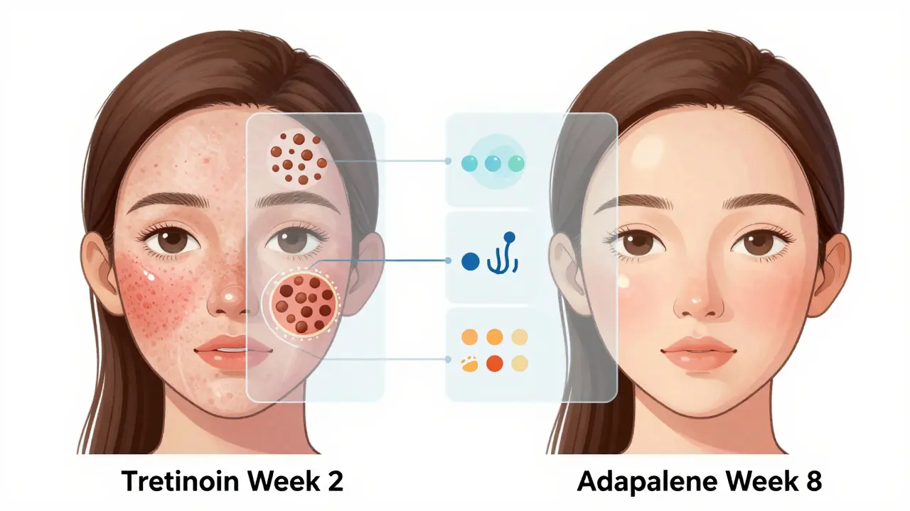 Side-by-side comparison of skin conditions after using tretinoin versus adapalene over time.