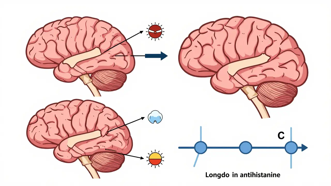 Side-by-side medical illustration comparing healthy brain function to antihistamine-affected brain with dementia risks.