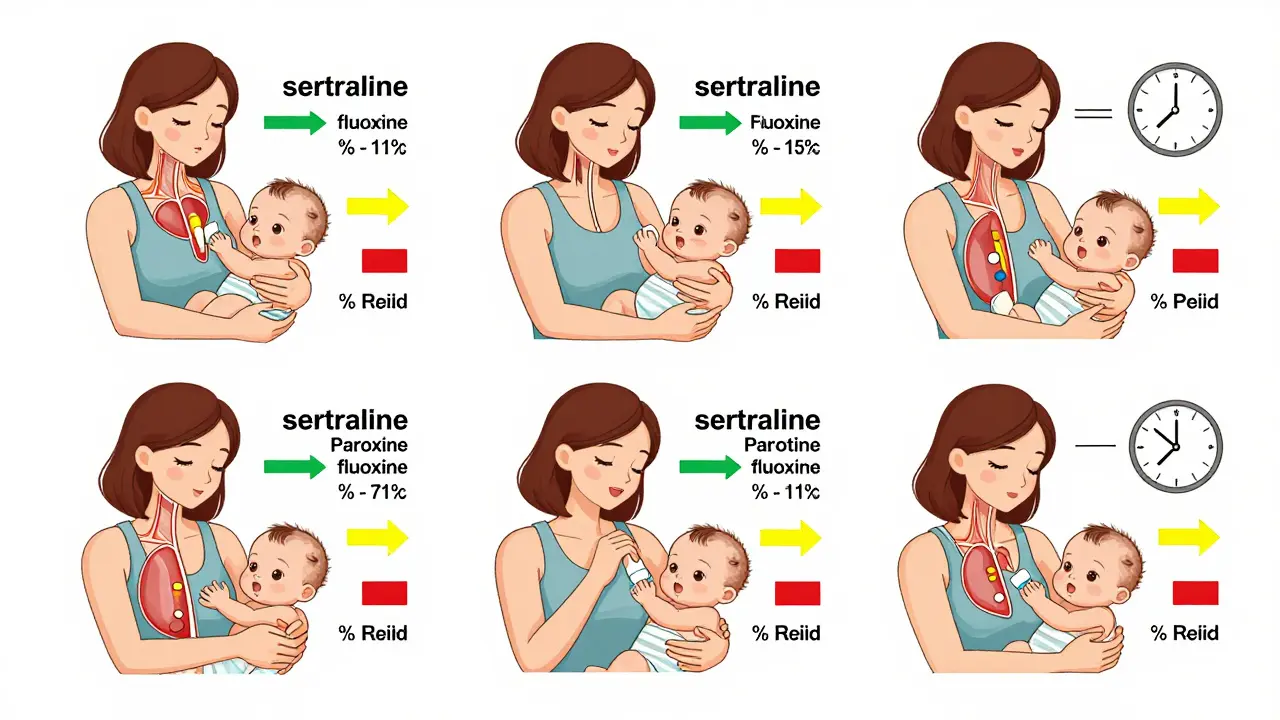 Side-by-side technical diagrams comparing antidepressant transfer rates into breast milk with color-coded safety levels.