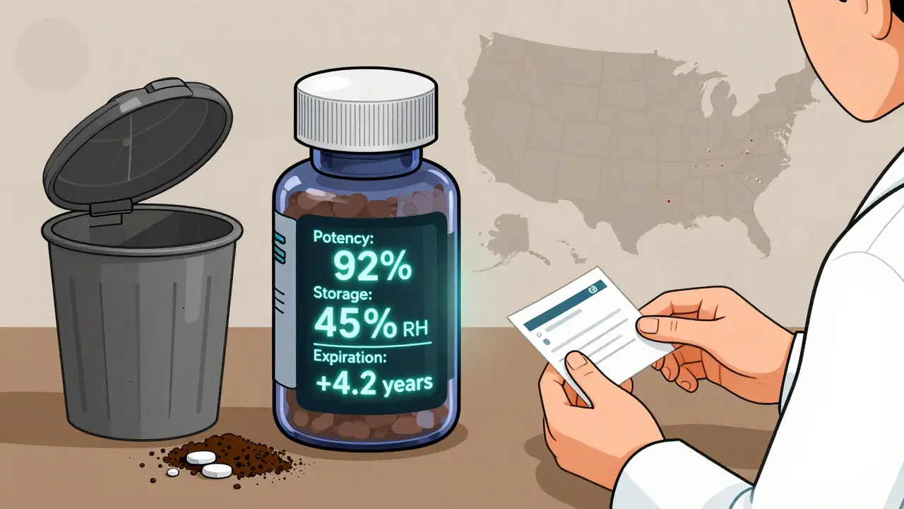 Smart pill bottle displaying real-time potency data next to safe disposal method and pharmacist handing new prescription.