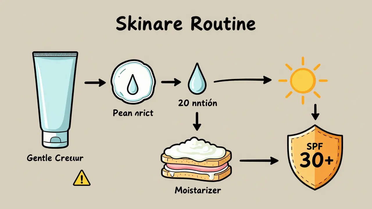 Step-by-step visual guide to applying retinoids correctly with timing and sunscreen emphasis.
