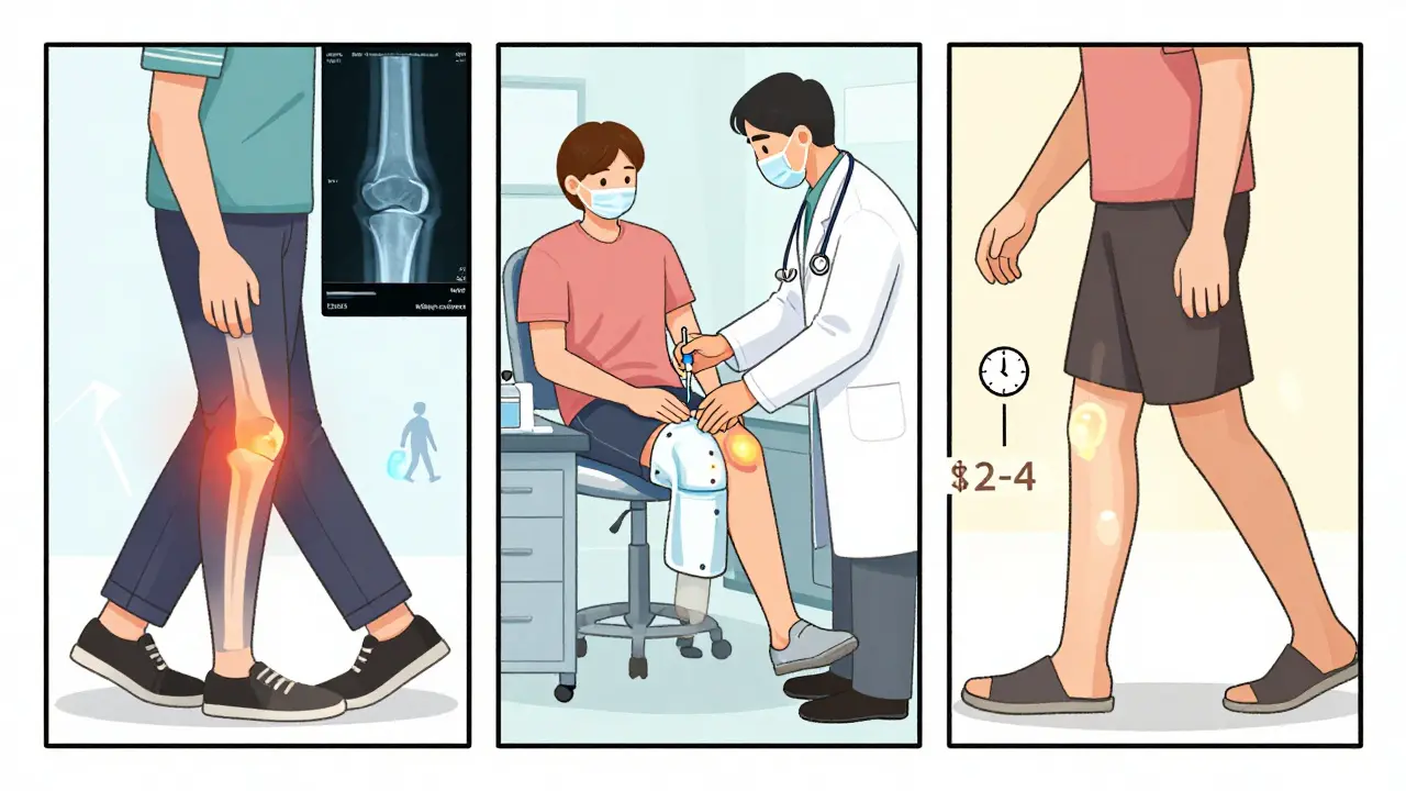 Three-panel illustration of a patient's journey from knee pain to relief after hyaluronic acid injection