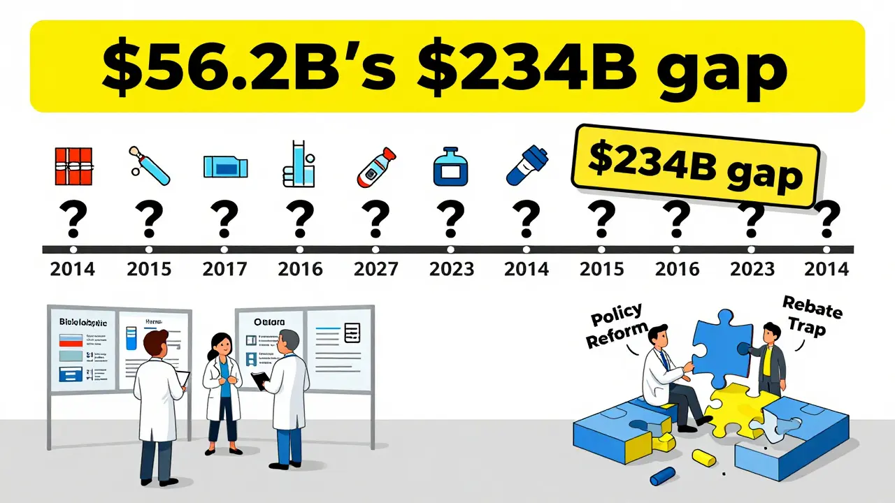 Timeline illustration of biosimilar adoption from 2015 to 2025, highlighting .2B saved and a 4B gap in future savings potential.