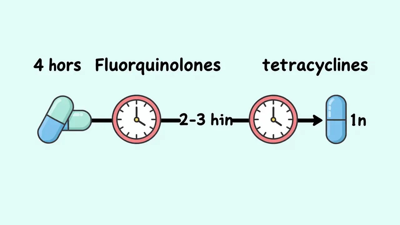 Timeline with pill icons and clock symbols for antibiotic-antacid separation times.