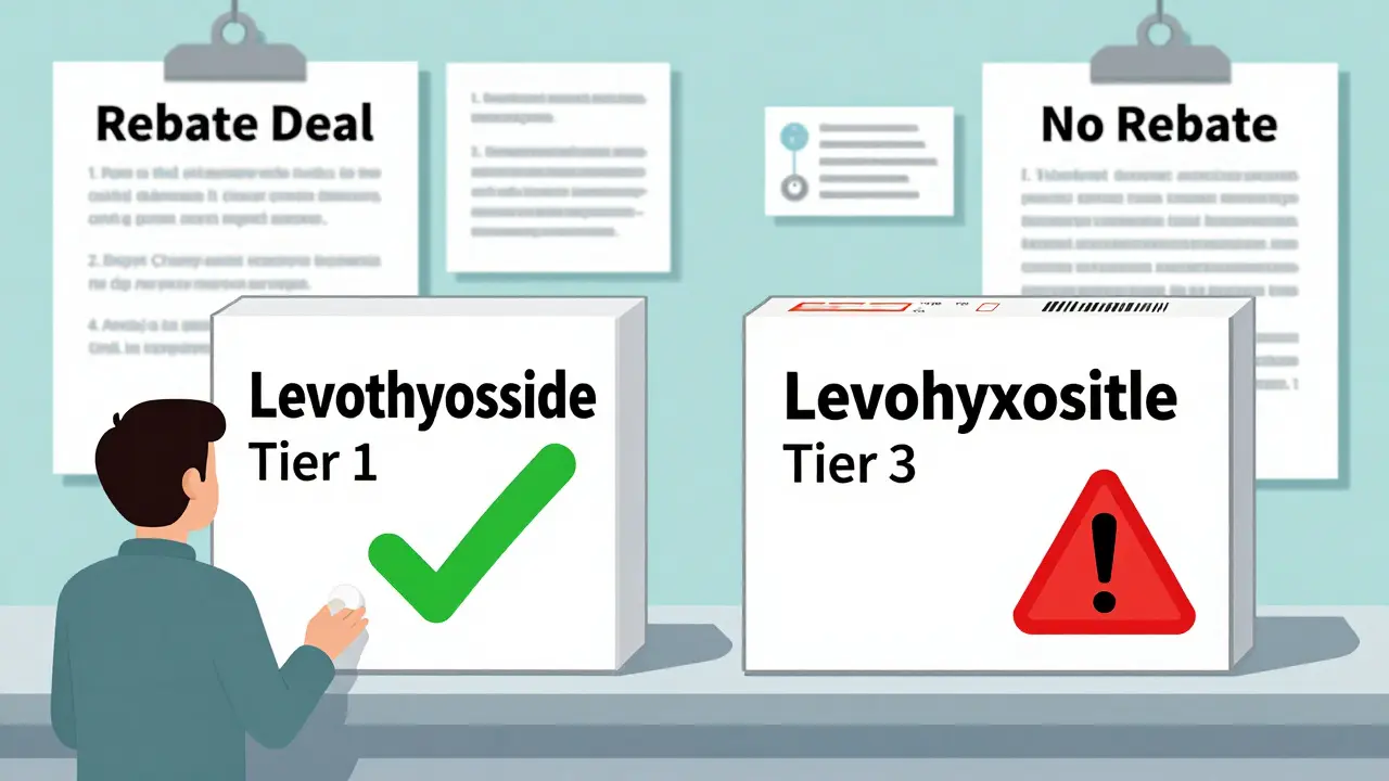 Two identical pill bottles side by side—one low-cost, one high-cost—highlighting how rebate deals, not drug quality, determine copay tiers.