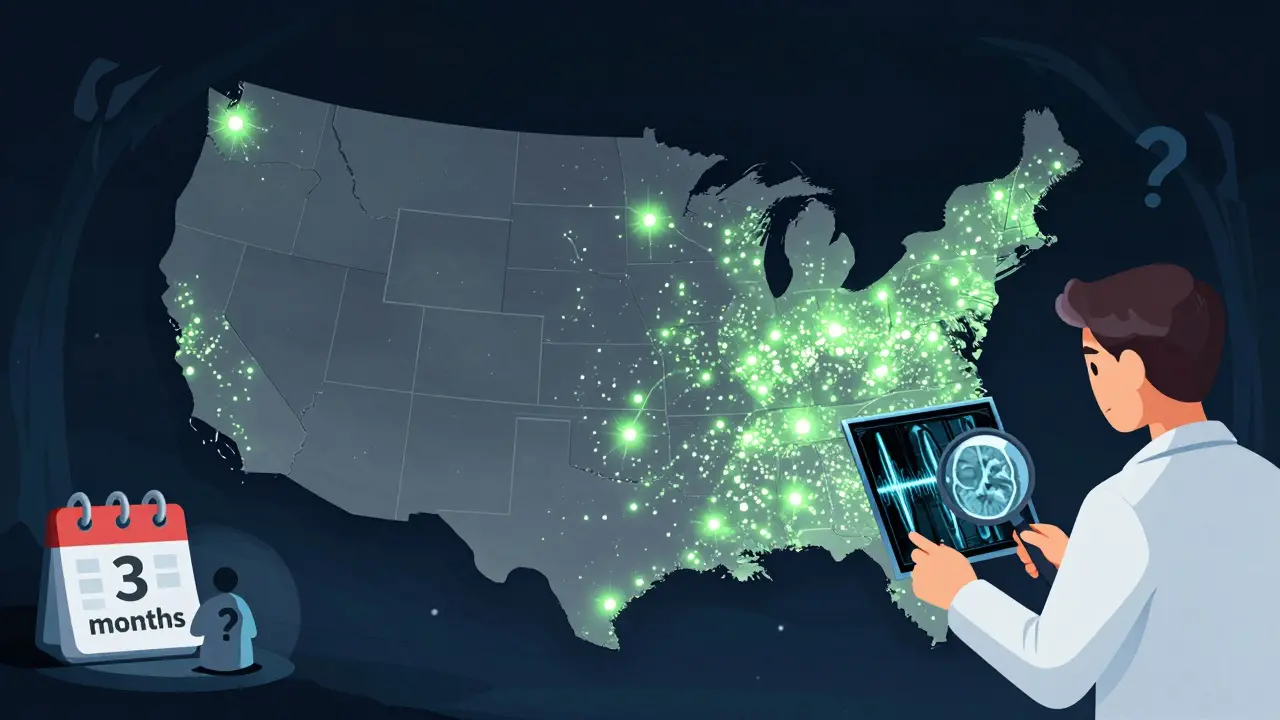 U.S. map showing limited access to esketamine centers, with waitlists and underground clinics highlighted.