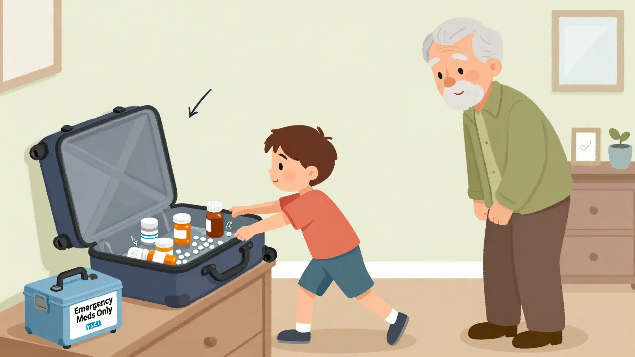 A child opening an unsecured travel bag filled with pills at a grandparent’s home.