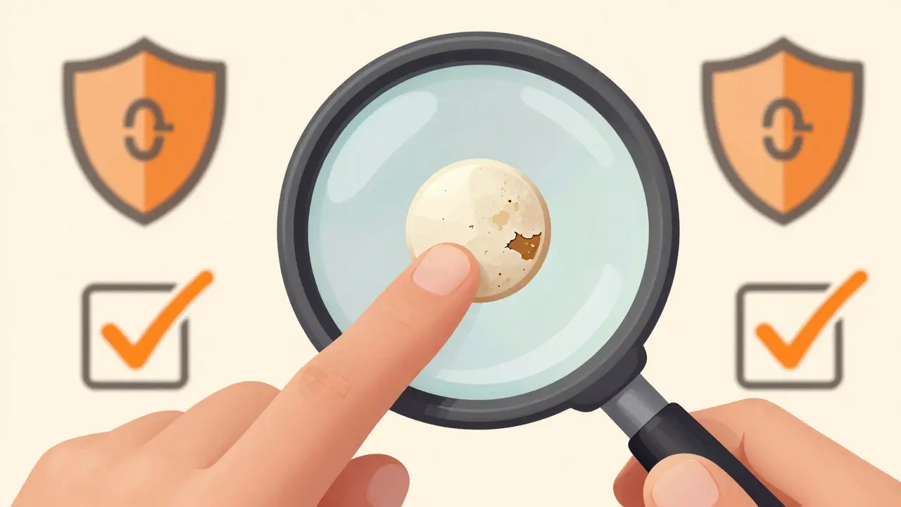 Close-up of hand inspecting a medicine tablet with a magnifying lens.