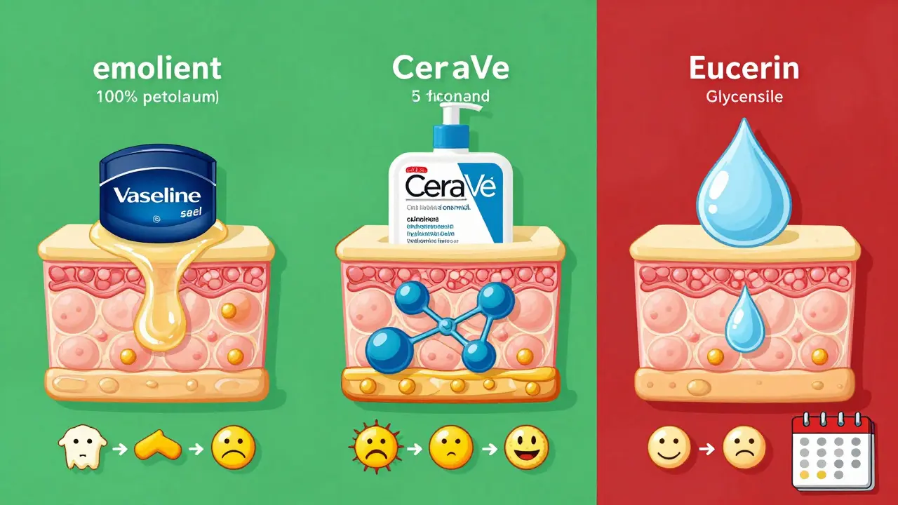 Comparison of three emollient types with ingredients, cost, and user complaints illustrated technically.