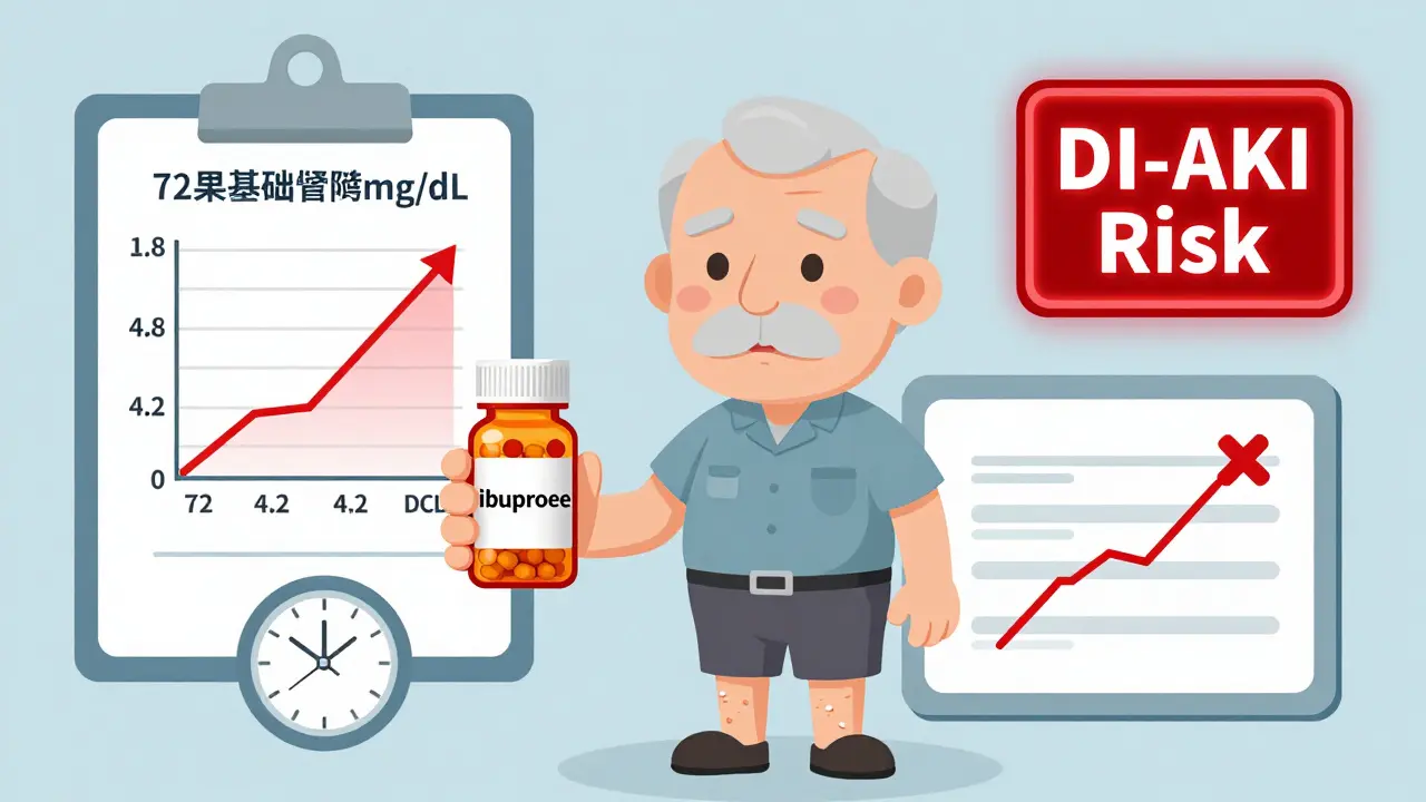 Elderly man with swelling and rising creatinine levels, holding ibuprofen, while a missing kidney test is shown on a clipboard.
